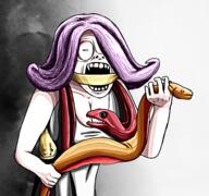 animal arm eel electric_eel female fish fist hand holding_object open_mouth purple_hair vera // 955x893 // 510KB