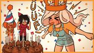 annoyed artist:studio_massa birthday cake coco covering_ears hat Illustraties_(official) maya mymy noisemaker official_art party party_blower party_hat petjeaf smiling text // 3840x2160 // 7.7MB