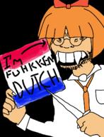 arm bow_tie buckteeth chink clothes dutch_flag glasses hand mymy orange_hair orange_skin sign stubble tie variant:soykio_kid // 989x1293 // 95KB