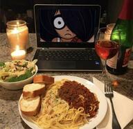 bowl candles date dinner drink edit food fork frown laptop looking_at_viewer maya plate salad screenshot spaghetti wine // 972x942 // 119KB