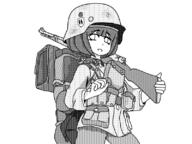 backpack black_and_white drawing gun helmet looking_at_viewer mymy outfit rifle smiling soldier ss ss_bolts // 1600x1200 // 112KB