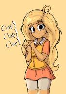 clapping coco cpt-pop_(artist) shorts skirt smiling vest yellow_background // 982x1381 // 150KB