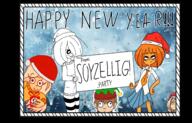 cato coco elf gift henk maya mymy new_year postcard santa_hat smiling swastika // 2326x1493 // 2.2MB