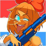 dutch_flag glowing_eyes looking_at_viewer mouth_open mymy nerf_gun tongue // 600x600 // 73KB