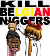belgian_flag black_skin blood bowtie clothes crooked_teeth decapitation gore head mymy nigger orange_hair rotten_teeth text yellow_sclera // 1007x1110 // 138KB